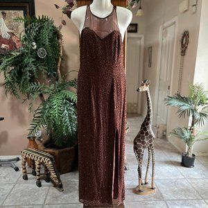 Evening Dress in coppery brown, beaded